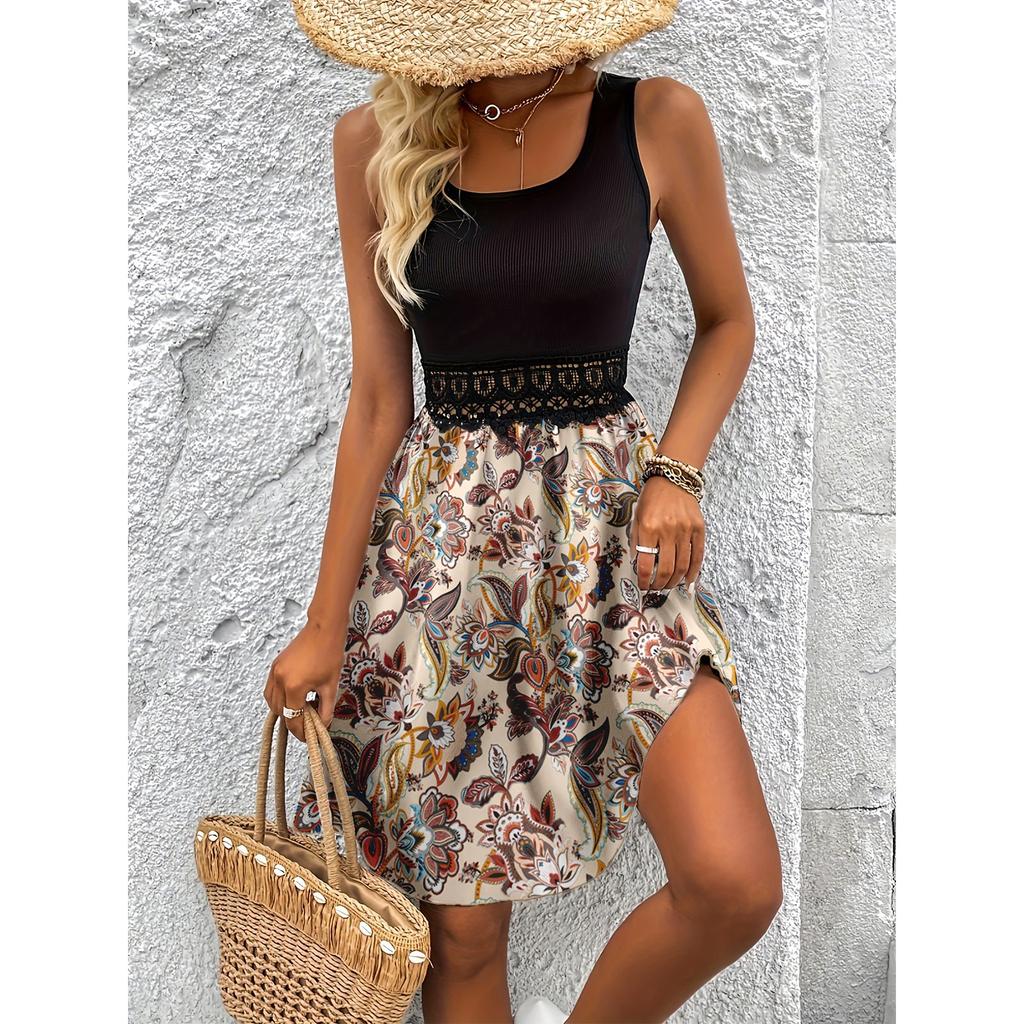 Women's Fashionable Retro Printed Color Blocked Vest Casual Dress