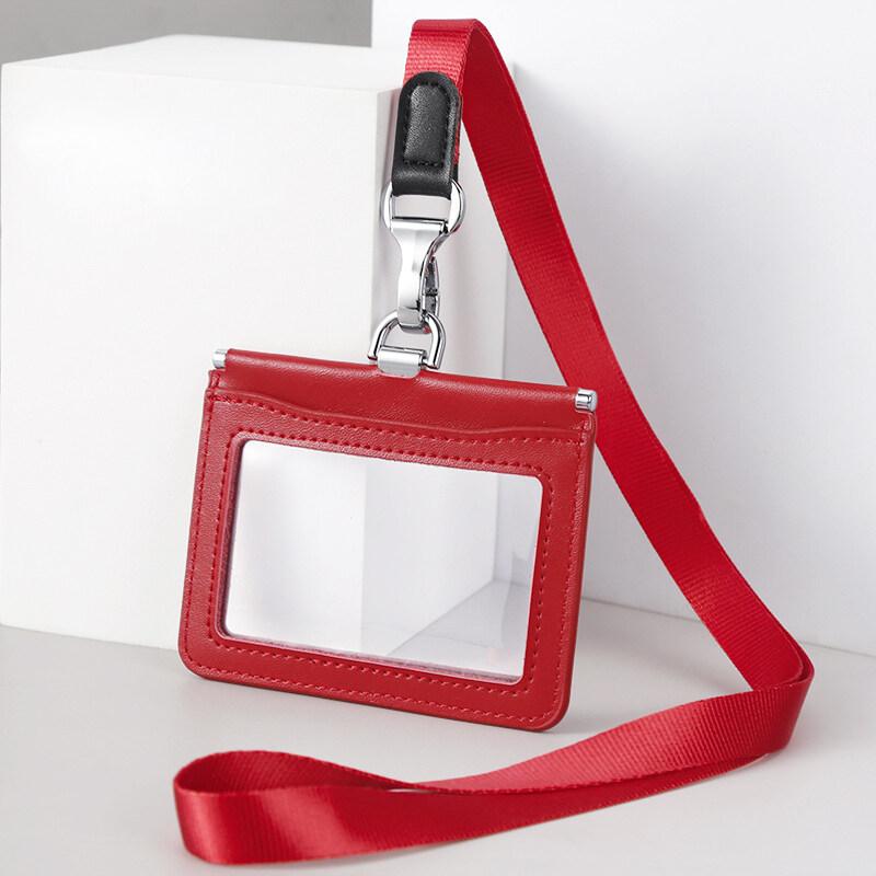 Double Sided Transparent PVC and Real Leather Work Card Holder with Lanyard Staff Hanging Neck Anti-interference Protection ID Badge Cards Cases