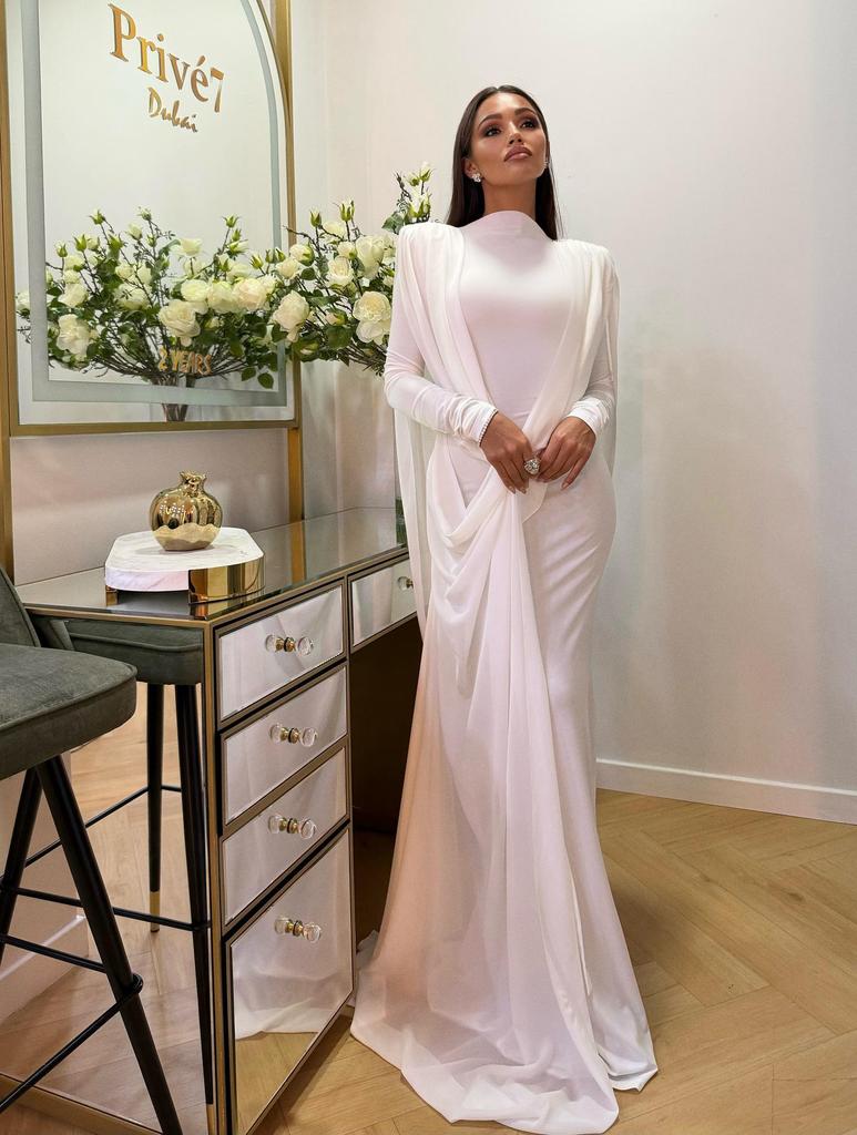 White High-Neck Long-Sleeve Formal Dress with Artistic Chest Decoration