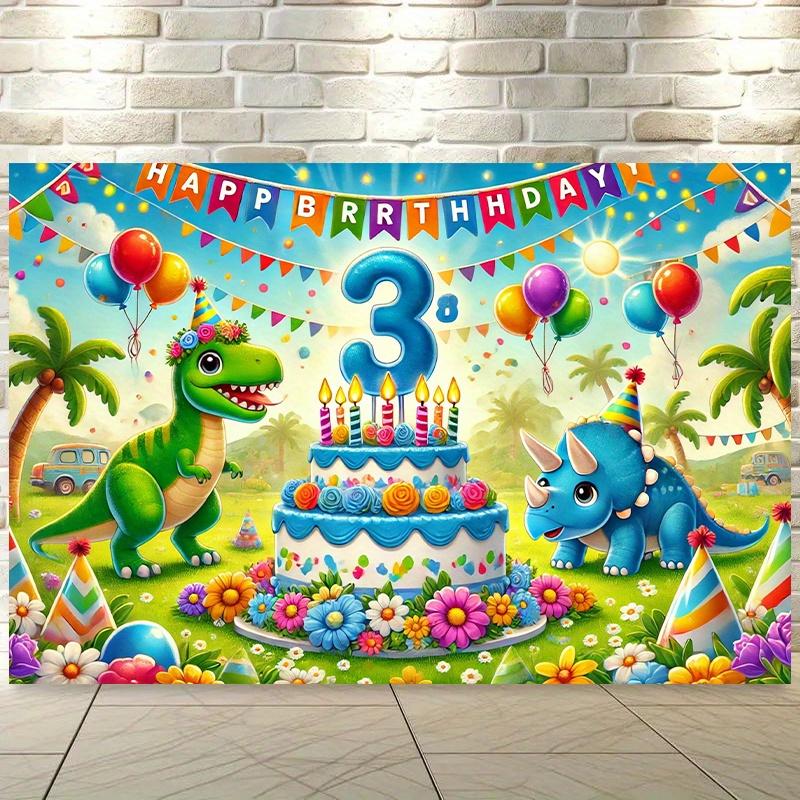 [Party Highlights] Vibrant dinosaur-themed three-year-old birthday backdrop - polyester fiber wall covering