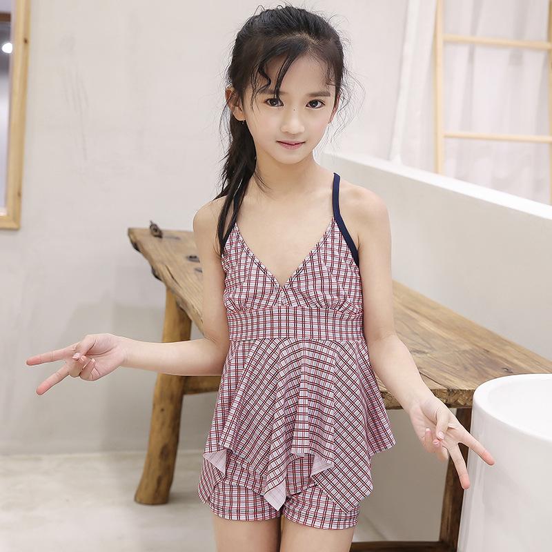 9 Korean version of children s swimsuit split two-piece girls swimsuit suspender small fresh swimsuit L (6-9 years old) розовый