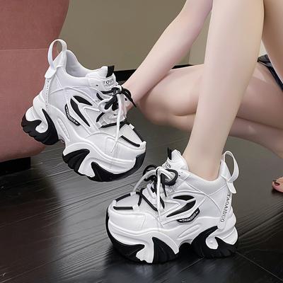 Spring Autumn Women Chunky Sneakers 10CM Hidden Heels Leather Casual Shoes Woman Crystal High Platform Ladies Sports Dad Shoes