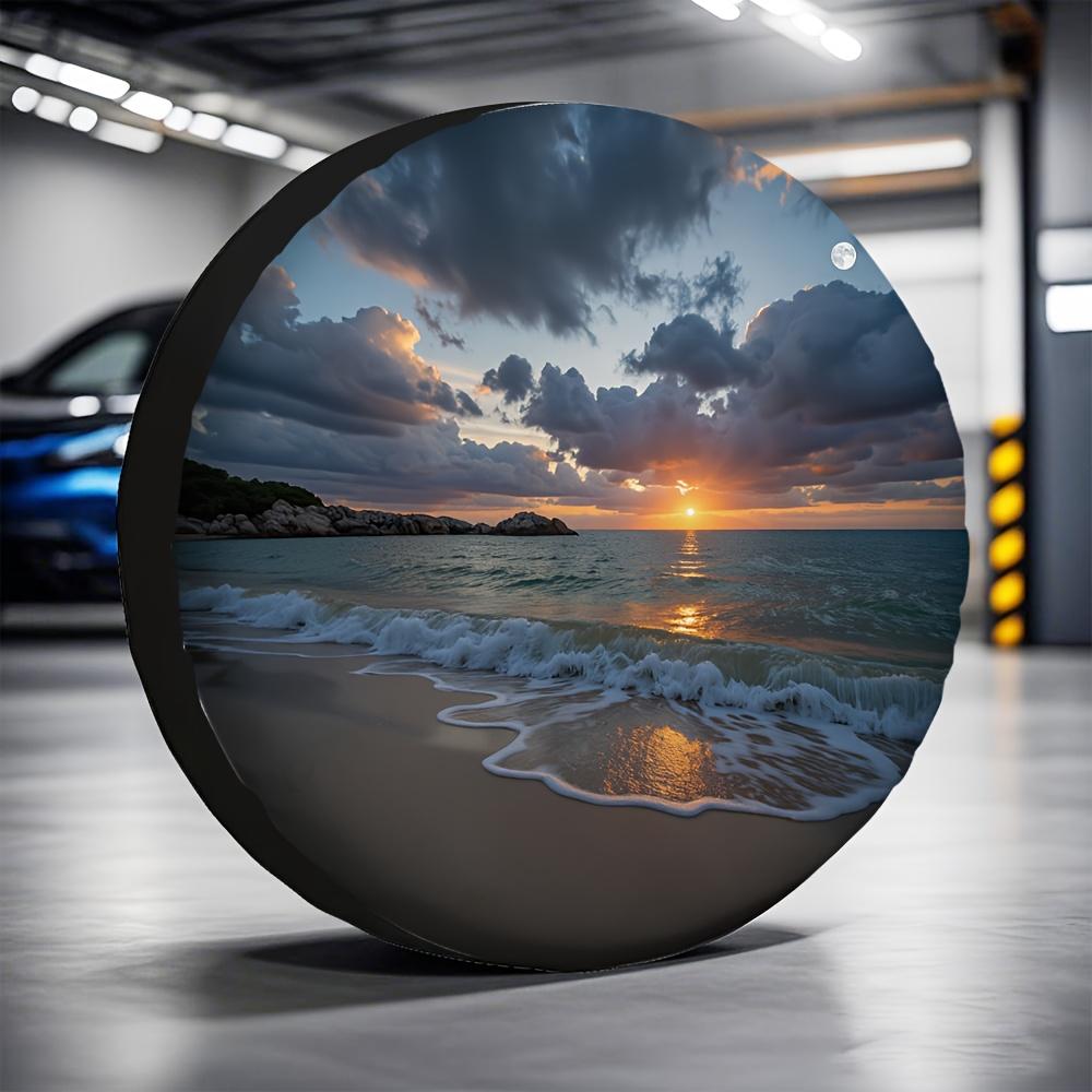 1pc 2D Flat Printing Car Tire Cover Ocean Sunset 100% Polyester Fabric Without Electricity Halloween Gifts Applies To RV Tire Co