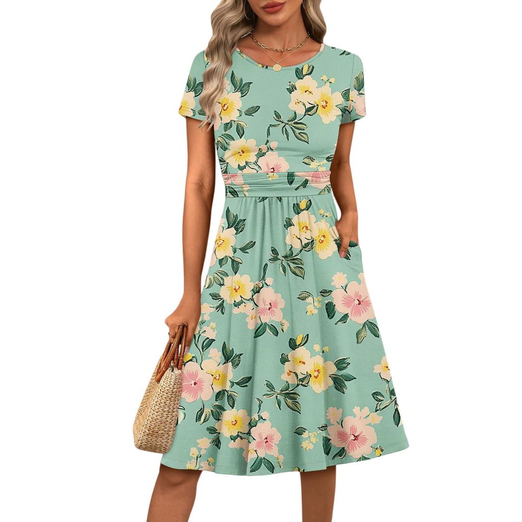 Women's Casual Fashion Round Neck Pleated Short Sleeve Floral Print A-Line Midi Dress