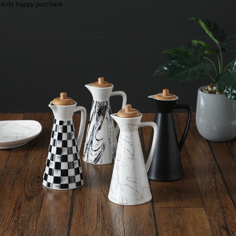

Wooden Cover Ceramics Oil Can Home Spice Jar Sealing Cap Kitchen Supplies High Capacity 400ml/800ml Vinegar Pot Oil Bottle