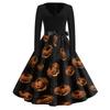 Womens Halloween Printed Size Dress Crew Neck Long Sleeve Vintage Swing Dress with Belt Pocket Free Design