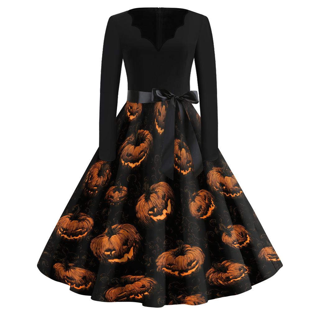 Womens Halloween Printed Size Dress Crew Neck Long Sleeve Vintage Swing Dress with Belt Pocket Free Design