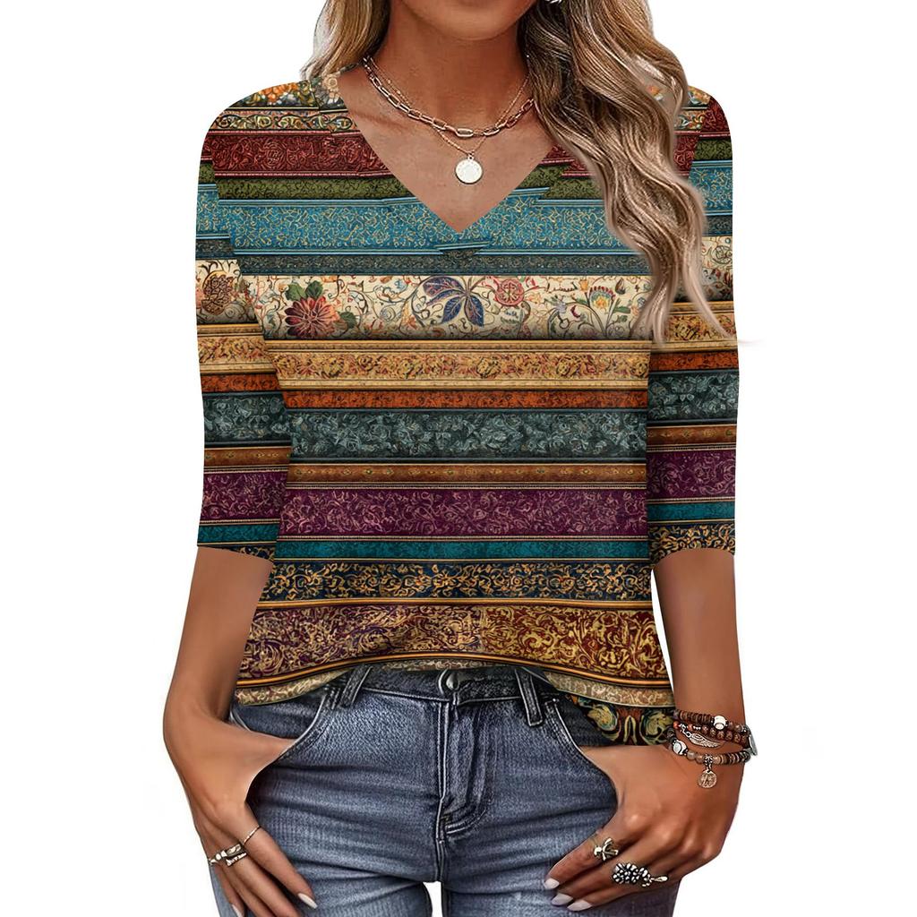 Women's T Shirt Print 3/4 Sleeve Daily Weekend Fashion Basic V- Neck Regular Top