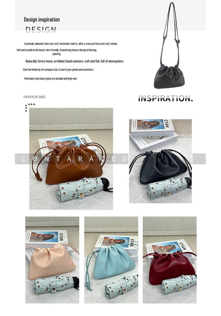 Women's 2026 New Korean Style Lambskin Cloud Bag: Fashionable Pleated Design, Versatile Drawstring, Single Shoulder, Crossbody Bag.