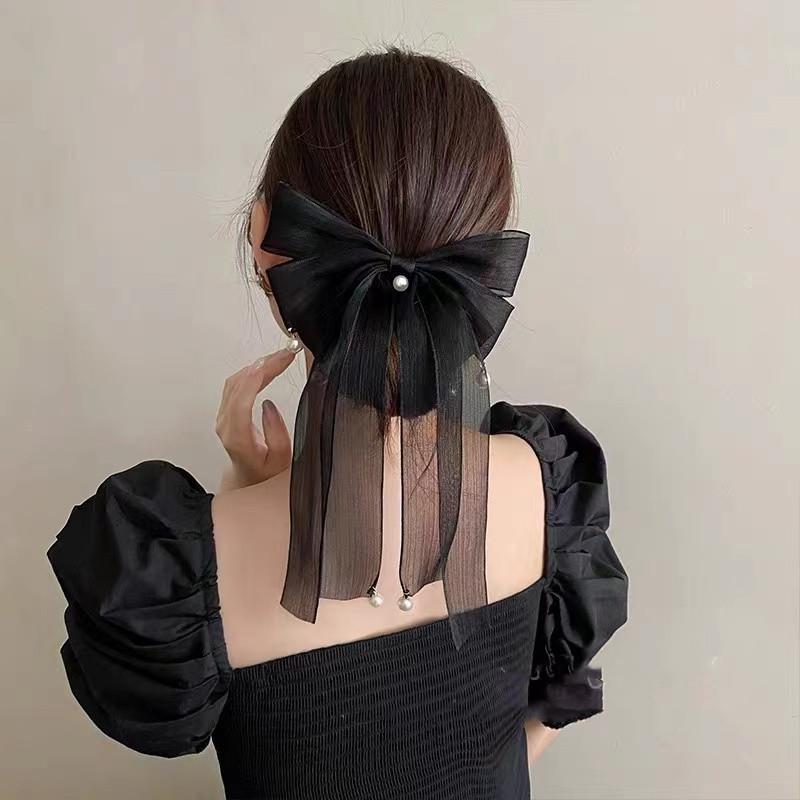 Lystrfac  New Black White Yarn Bow Hair Clip for Women Girls Spring Clip Back Head Hairpin Fashion Hair Accessories