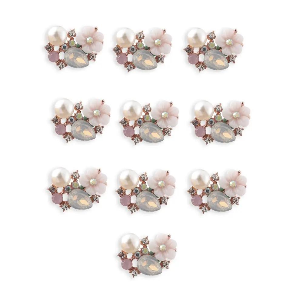 10PCS Flower Rhinestone Pearl Buttons Flatback Plating Hairpin Decoration DIY Craft Apparel Sewing Accessories Flower Buttons