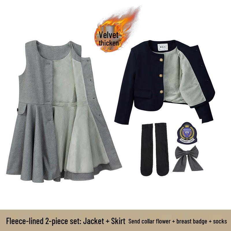 Children's Academy Style Formal White Shirt & Navy Jacket Suit Set for Elementary School Girls