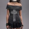 Summer punk retro street cross hot diamond one shoulder striped slim fit top