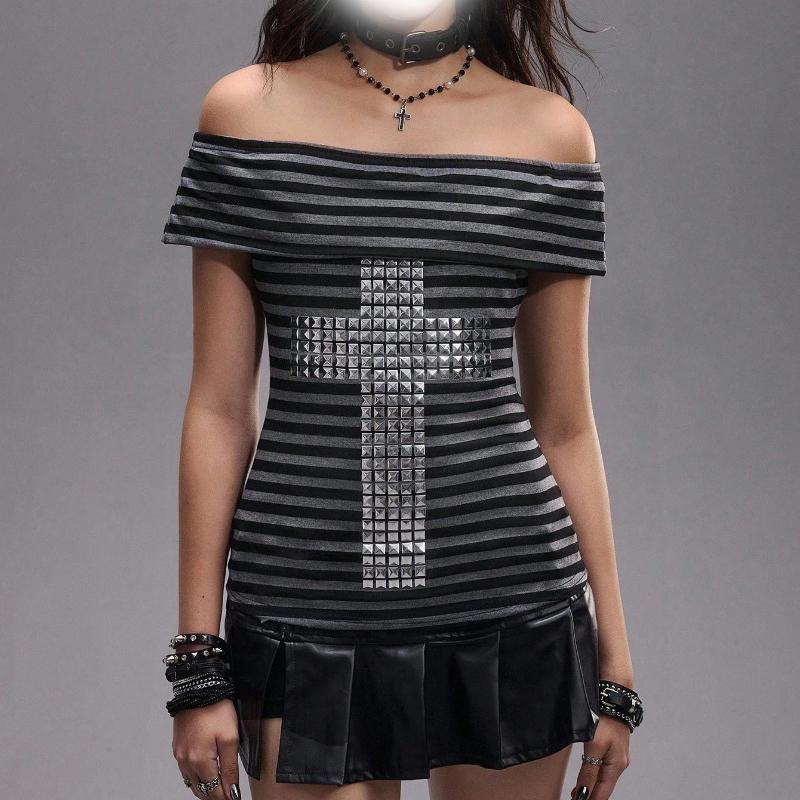 Summer punk retro street cross hot diamond one shoulder striped slim fit top