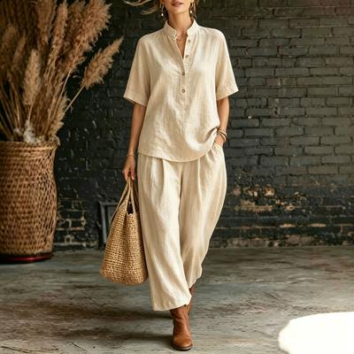 2026 Cross-border European and American New Linen Blended Loose Stand-up Collar Short-sleeved Top Fashionable Casual Lazy Style Suit