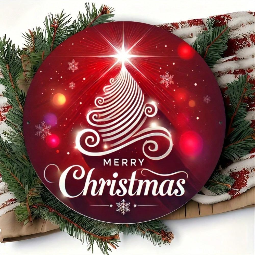 Christmas Round Metal Tin Sign Vintage Wreath Wall Art Holiday Decoration Gift 8 Inch