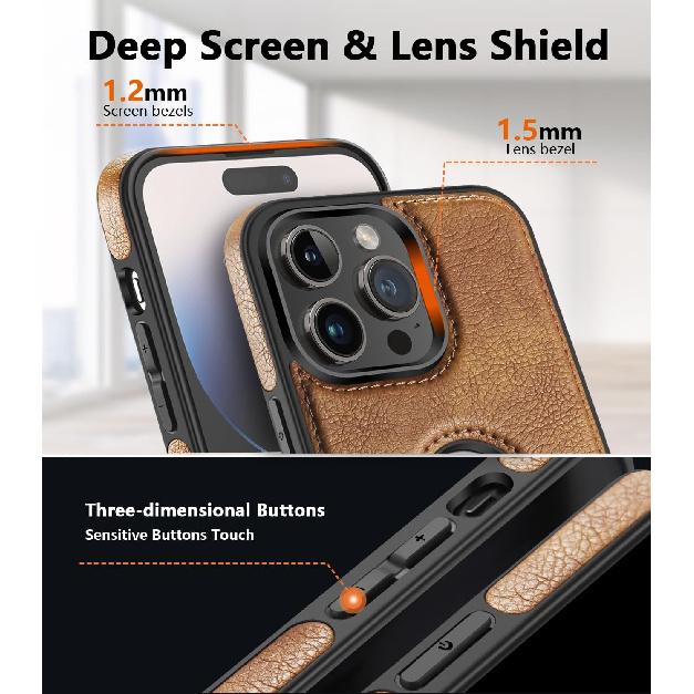 Unique Design Luxury Leather Business Phone Case for iPhone 15 Pro Anti-Slip Scratch Resistant Ultra Slim Protective Case (2023,6.1”) (Brown)