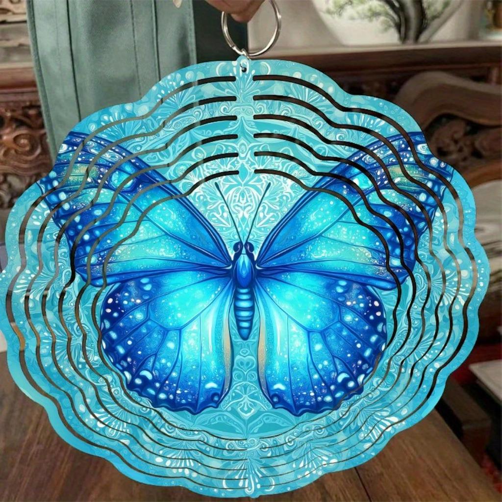 10 Inch Metal Wind Chime with 360 Degree Rotating Blue Butterflies for Patio Balcony Garden Decoration No Electricity Needed
