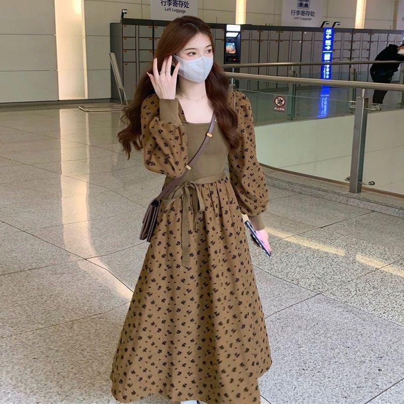 

Вязаное платье с квадратным вырезом Осень Зима Французский Ретро Пэчворк Цветочный Приталенный Элегантное Платье Миди M