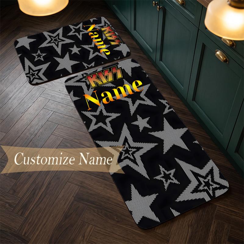 kiss band (1) Customize Name Flannel Kitchen Mat Soft Non-Slip Kitchen Floor Runner Rug for Home Kitchen Decor
