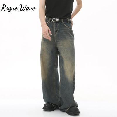RogueWave Men's Denim Pants Old Blue Washed Male Jeans Straight Casual Menwear Loose Wide Leg Trousers New Fashion
