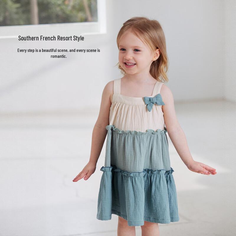 Babylove Girls' Summer Pure Cotton Gauze French Tiered Spaghetti Strap Dress