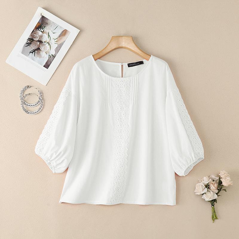 ZANZEA Women Casual Lace Crochet Splice Loose 3/4 Sleeve Blouse