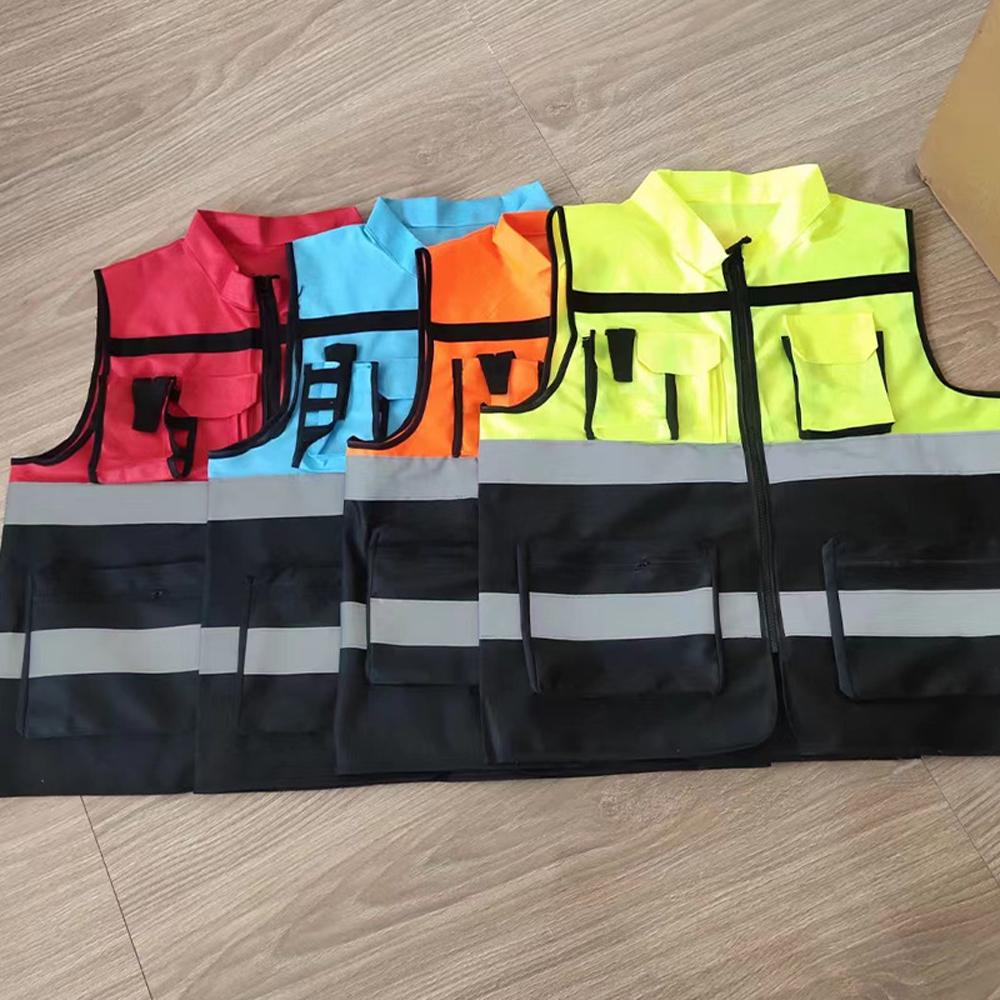 Custom Logo Safety Vest For Construction Work Two Tone High Visibillity Workwear Vest With Pockets And Zipper