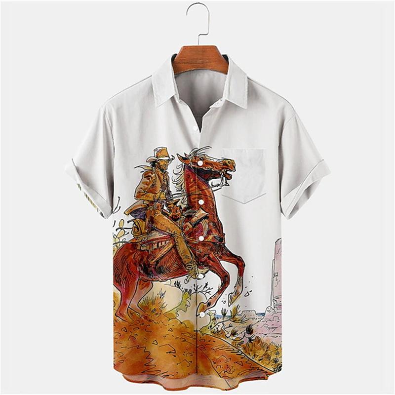 Vintage Men's Shirts Casual Retro Cowboy Poster Shirts 3D Print Turndown Collar Shirt Short Sleeve Shirt Summer Shirts For Men