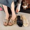 French pearl flat-bottomed one-word slippers for women's summer wear 2025 new super fire with skirt non-slip beach cool slippers