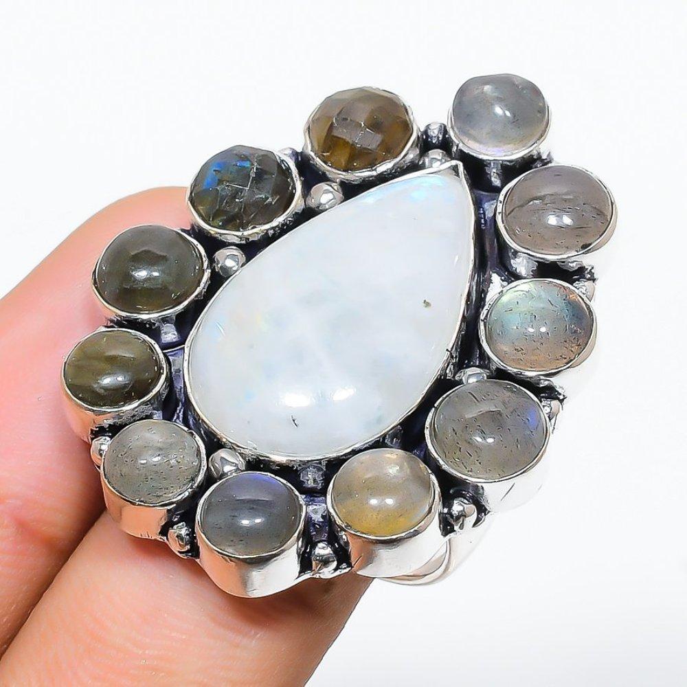 Rainbow Moonstone, Labradorite 925 Sterling Silver Ring Size 7 H7j71