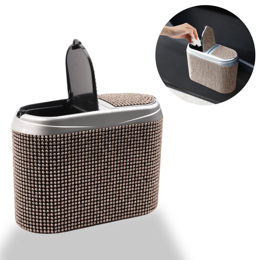 Bling Car Trash Can For Women Rhinestone Auto Door Garbage Bin Seat Back Hanging Storage Box Interior Accessories Organizer