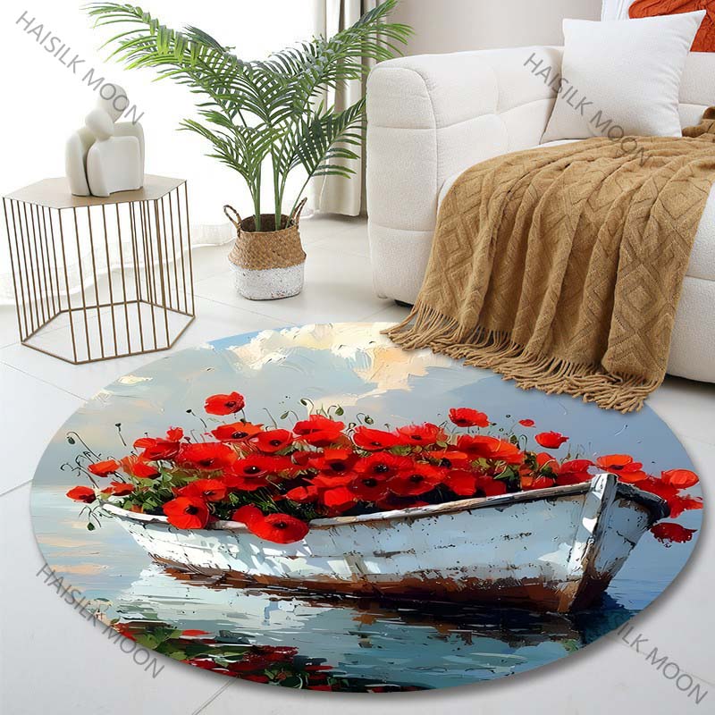 

Multiple sizes Red flowers bloom in boat Print Round Carpet Living Room Bedroom Table Chair Sofa Decorative Carpet Luxury gifts Diameter -60cm
