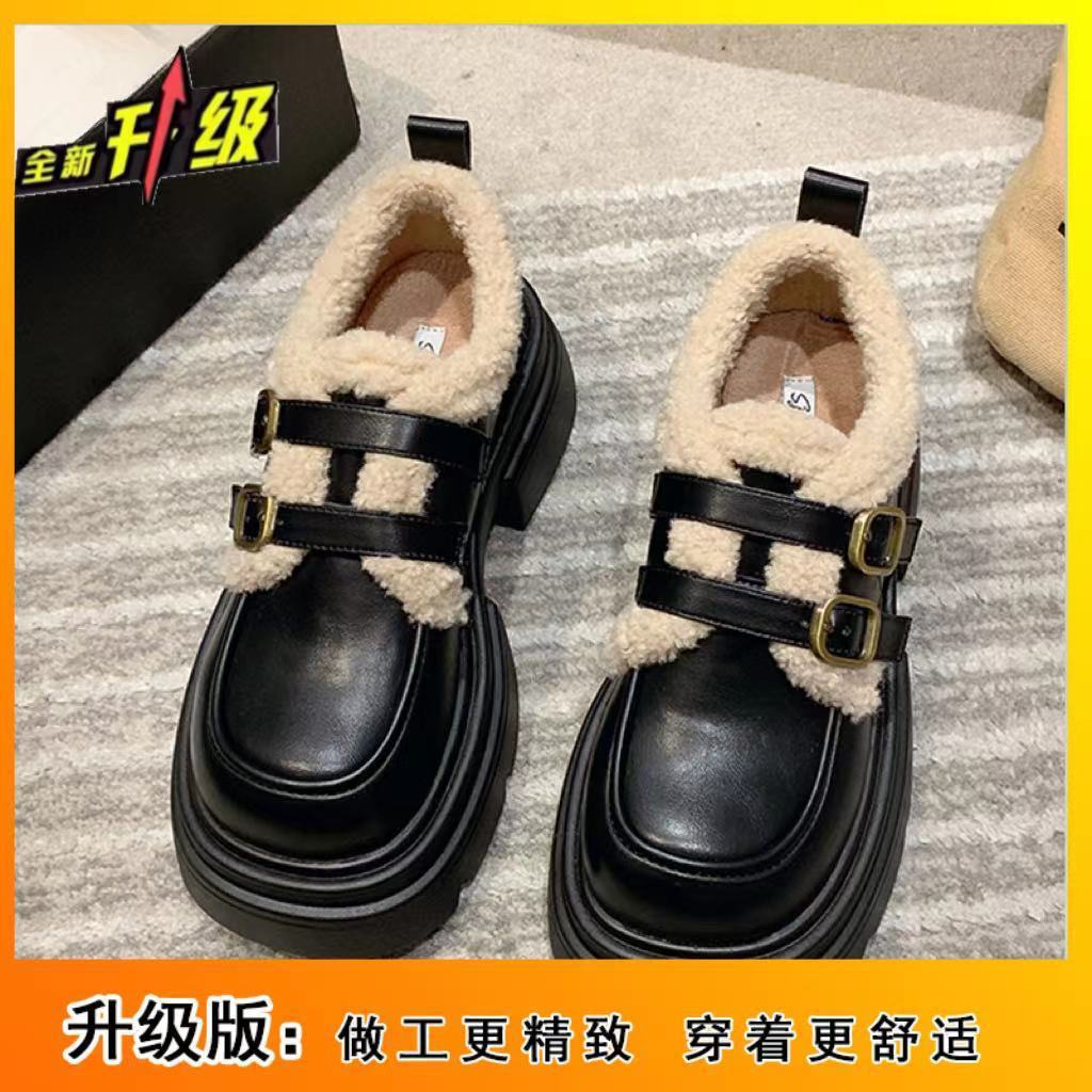 British style platform small leather shoes women's new autumn thick heel versatile skirt velvet Korean version cotton shoes