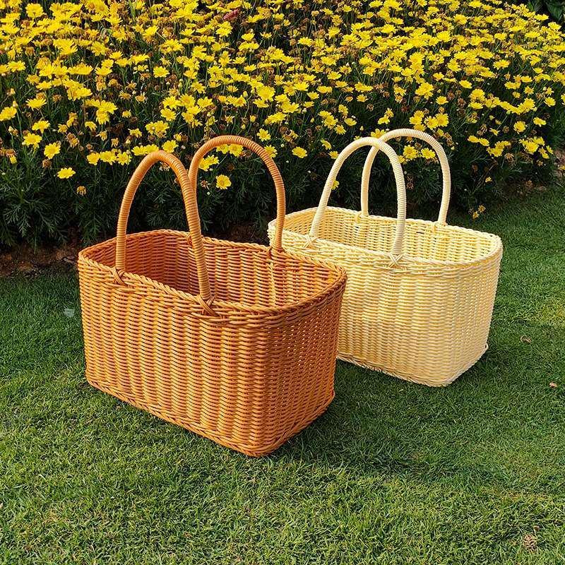 Rattan-Look Iron Frame Handbasket: Plastic Woven Flower, Vegetable, Shopping, Wedding Gift, Outdoor Restaurant Storage Basket.