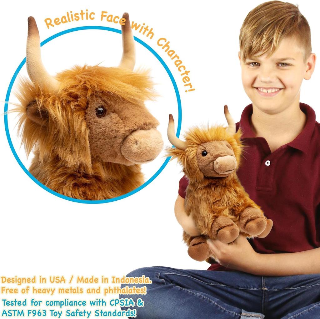 [VIAHART] Highland Cow "Henry" Plush Toy – Brown, Size M (Approx. 29 cm), Soft and Fluffy Cow Plush, Hand Washable