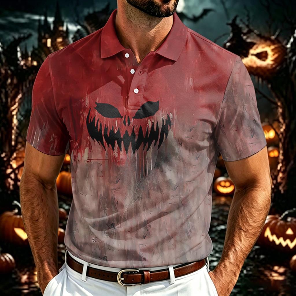 Men's Halloween Print Polo Shirt Lightweight Mesh Breathable Short Sleeve Top with Collar Button Down Front for Casual Wear