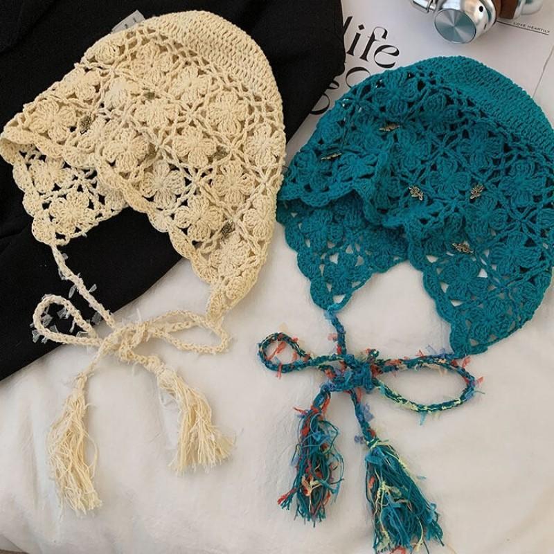 Hand Crocheted Openwork Floral Tassel Beanie Hat Women Lightweight Breathable Knit Cap