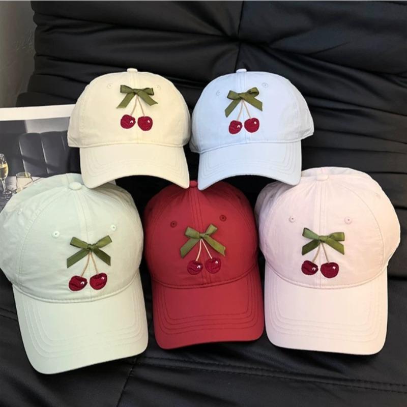 Korean Sweet Cherry Embroidery Baseball Cap Women Summer Quick Dry Breathable Face Slim Sun Hat Outdoor Travel Sun Peaked Cap