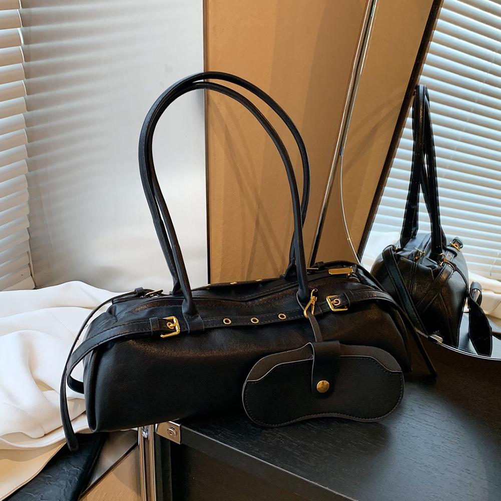 Boston Handbag For Women Solid Shoulder Bag Pu Leather Casual Bowling Bag Retro Commuter Bag