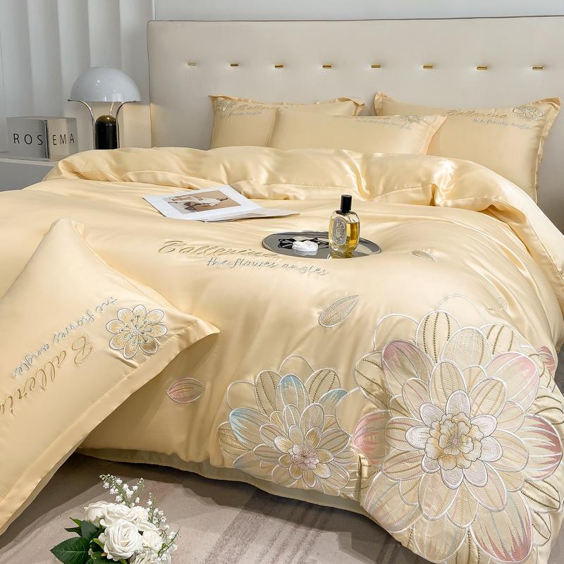 

Комплект постельного белья из ледяного шелка, четырехпредметный, вышивка, приятный к коже, дышащий, удобный, простыня, пододеяльник, наволочка 2.0m bed