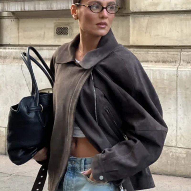 Spring and Summer New Women's Clothing Loose Polo Collar Long Sleeves Suede Locomotive Style with Belt Short Jacket