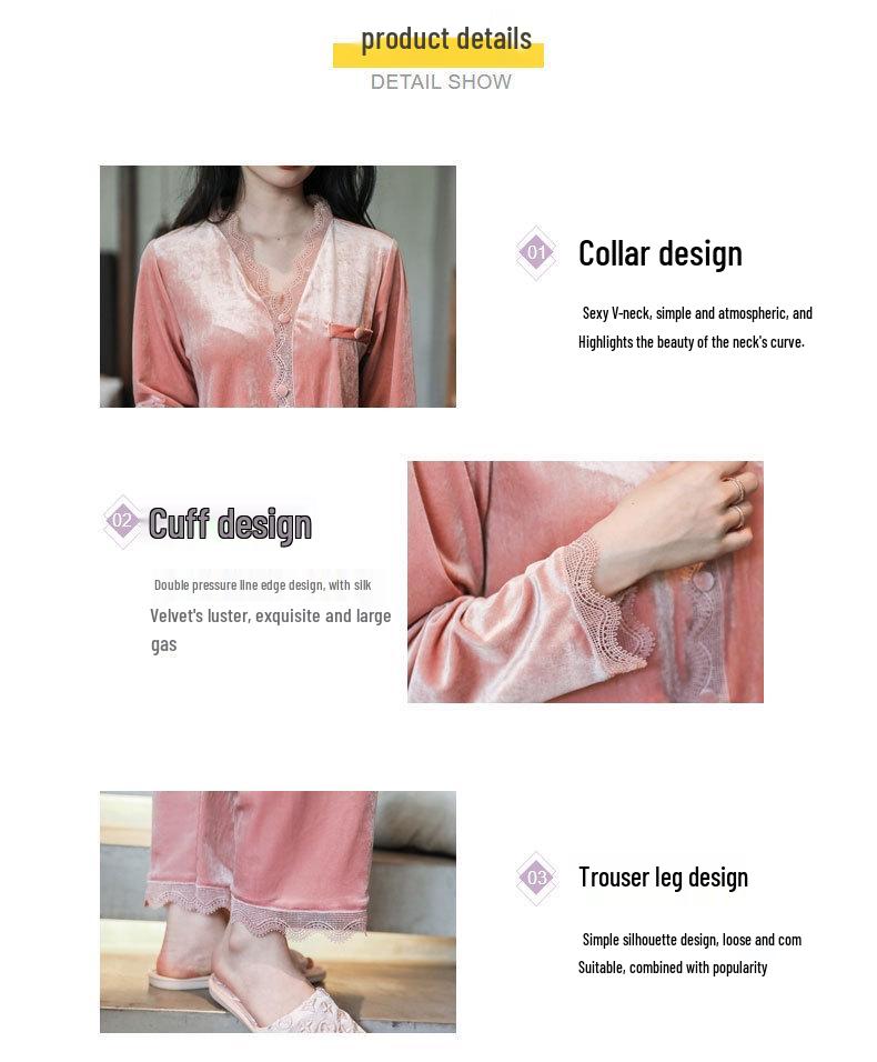 Women's Golden Velvet Lace Pajama Set - Long Sleeve, Autumn/Winter Style, Sexy Homewear.