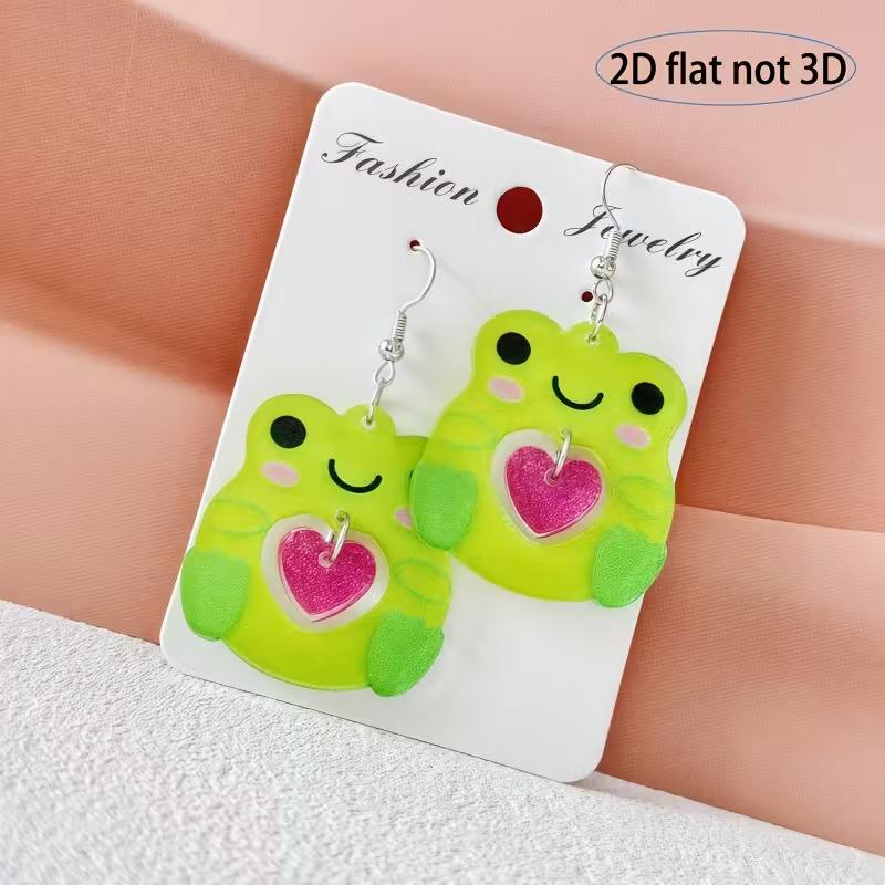 Cross-border New Cute Little Frog Love Earrings 2D Acrylic Creative Cartoon Animal Green Frog Earrings