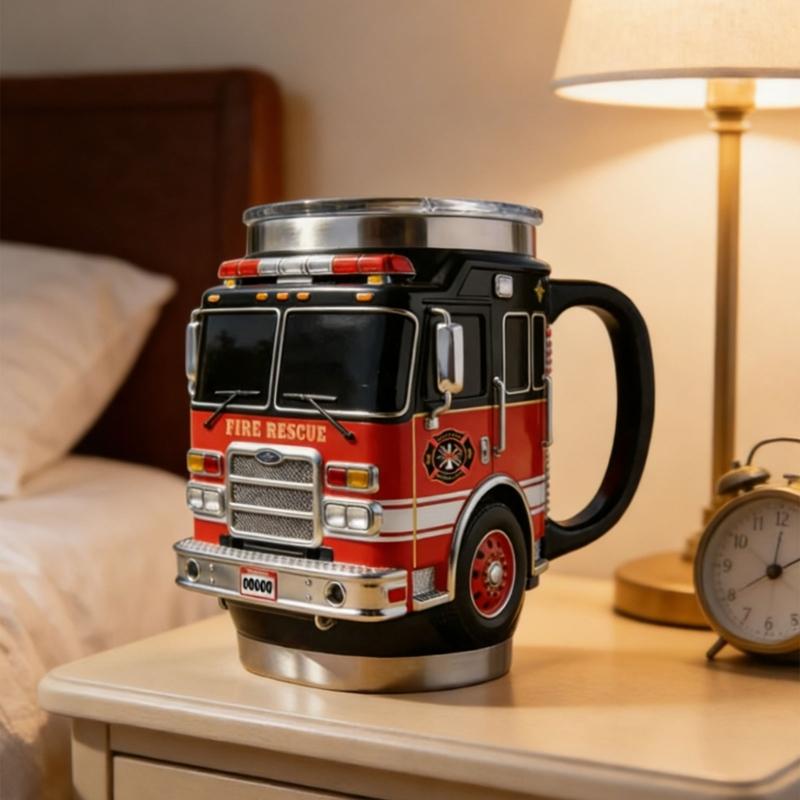 Portable Insulated Fire Truck Shape Coffee Cup with Detailed Design Drinking Cup Suitable for Gift Givings or Individual
