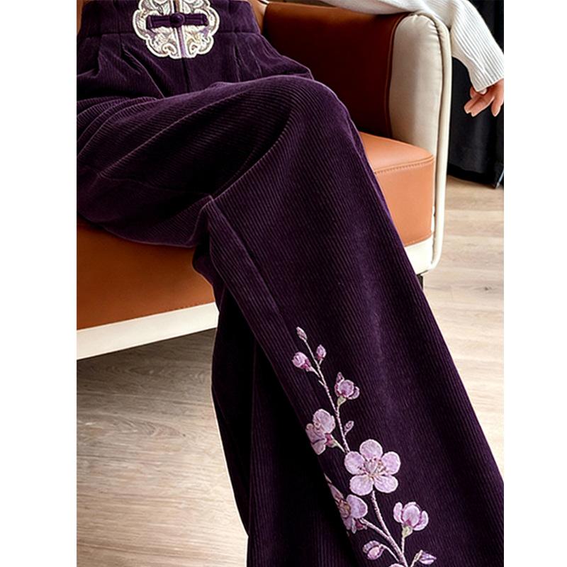 European Cotton Velvet Frog Button Wide-Leg Pants - Dark Purple, Plus Velvet, Chinese Style 2026