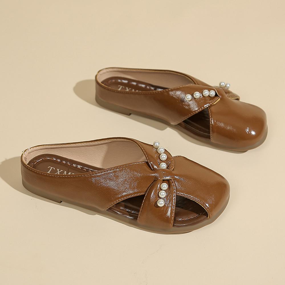 

Новые летние женские шлепанцы с нескользящей подошвой, с квадратным носком, плоские сандалии, удобные однотонные женские мюли 40 коричневый