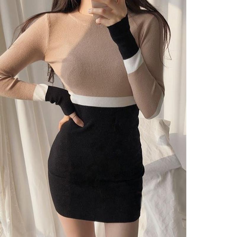 Sweet Round Neck Slim Fit Striped Knitted Sexy Dress Women Autumn and Winter Sweater Dresses for Women Fashion Long Sleeve Casual Ladies Dress 25965