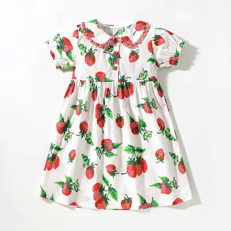 Платье для девочки Детское Хлопок и Лен Клубничная Кукольная Платье 2023 Летнее Платье Маленьких Детей Модное Принцессы Платье Пляжное Платье White 2t/90 Size Recommended Height 85-90cm