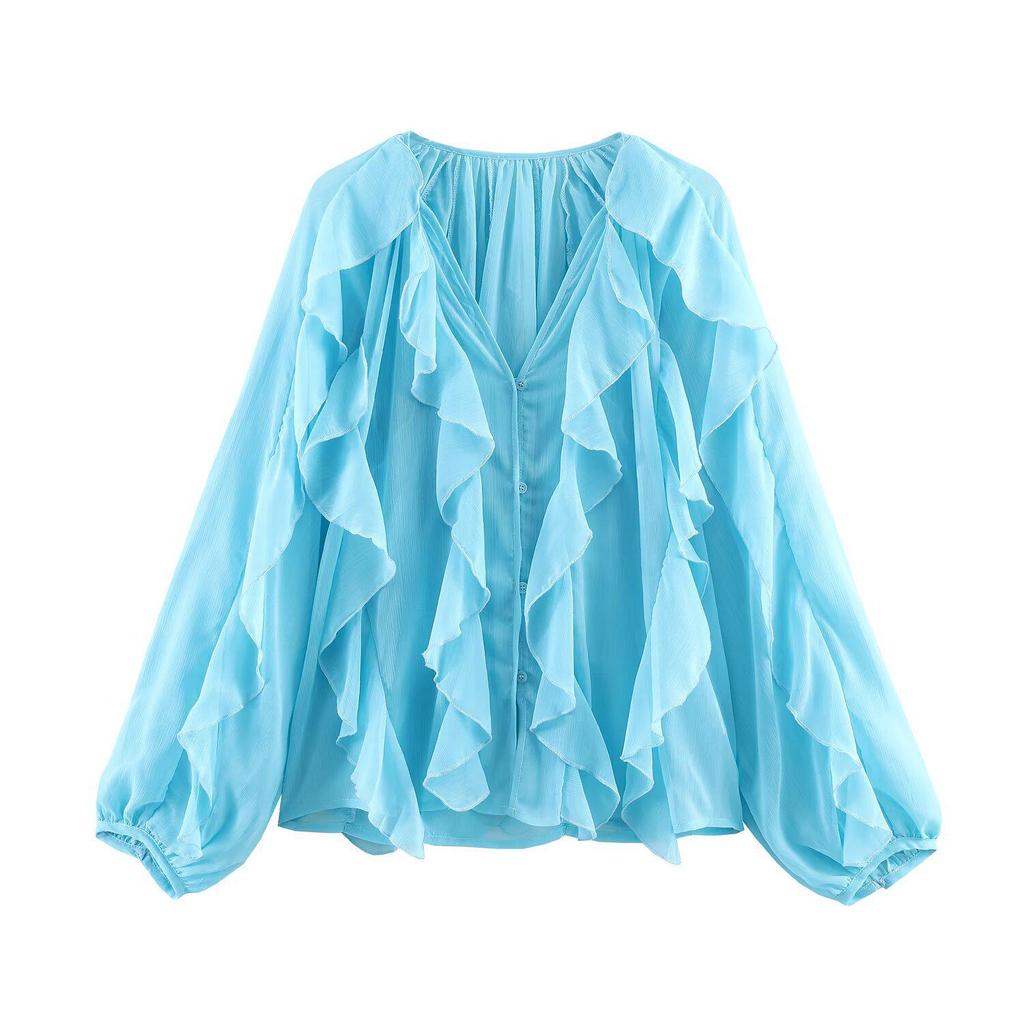  Spring Women's Bow Tie Layered French Lantern Sleeve Shirt